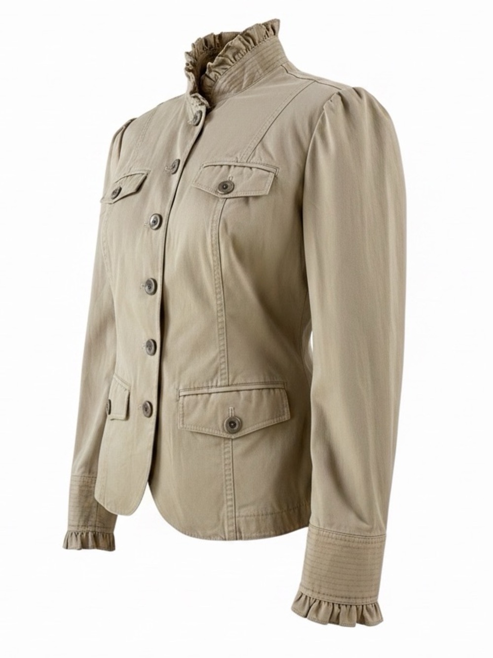 Eddie Bauer Khaki Utility Military Jacket 100% Cotton Ruffle Collar Medium